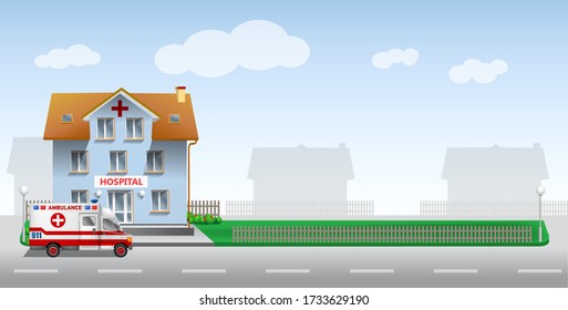 Realistic Vector Illustration LARGE HOSPITAL BUILDING and Ambulance car against the blue sky, road and green lawn. White service Truck template