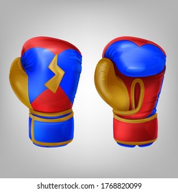 Realistic vector illustration of leather multicolored boxing gloves. Sport equipment to protecting hands in fist fight. Gloves for professional combat, sparring,wrestling or training on a punching bag