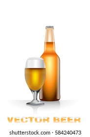 Realistic vector illustration of light beer bottle and glass with foam