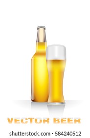 Realistic vector illustration of light beer bottle and glass with froth