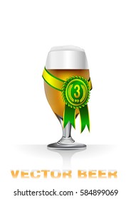 Realistic vector illustration of light beer glass with contest third grade seal