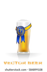 Realistic vector illustration of light beer glass with contest second grade seal