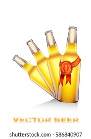 Realistic vector illustration of light beer bottles with red and gold competition seal
