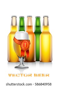 Realistic vector illustration of light beer bottles in a row and glass with red and gold competition seal
