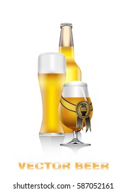 Realistic vector illustration of light beer bottle and glasses with black and gold competition seal