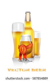 Realistic vector illustration of light beer bottle and three glasses with red and gold award mark 