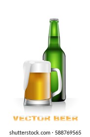 Realistic vector illustration of light beer bottle and mug of beer