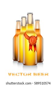Realistic vector illustration of light beer bottles with red and gold quality seal