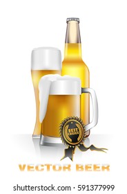 Realistic vector illustration of light beer bottle and glasses with black and gold perfection grade mark. Objects are set in groups for better convenience.