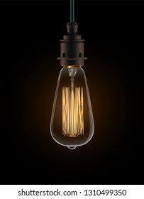 Realistic vector illustration of light bulb. Cool and decorative bulb for retro interior design. Edison light bulb on dark background. 