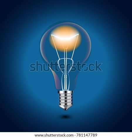 realistic vector illustration of a light bulb glowing with yellow real lamp on a blue background