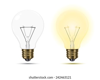 Realistic vector illustration of light bulbs switched on and off, isolated on white background