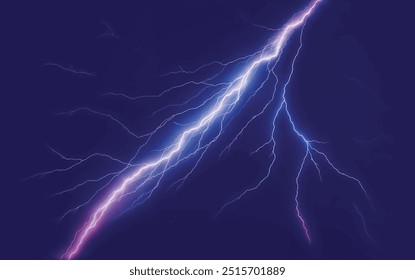 Realistic vector illustration of lightning and thunderbolt effect with electric energy power burst charge in white and purple color with shine and glow on dark blue background