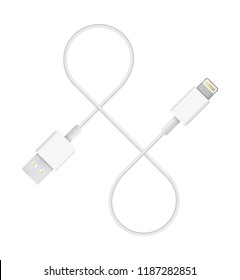 The realistic vector illustration of lightning to USB cable. Connector or plug for connecting and charging phones, mobile devices, computers, tv, tablets, and game consoles.