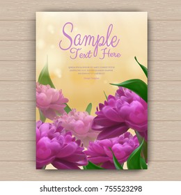 Realistic vector illustration of lilac peony on blurry shining yellow background. Floral A4 card with sunlight, glare and bubble effects. Romantic template with place for your text