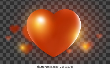 Realistic vector illustration of lovely red color big heart with shadow, highlight, many small hearts. Three dimensional isolated object with glow effect on transparent background. 3d design of heart
