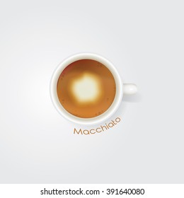 Realistic vector illustration of macchiato coffee isolated on white background in top view perspective