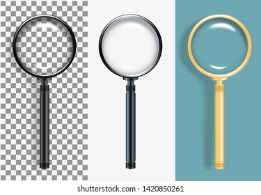 Realistic Vector illustration of a magnifying glass in different colors. Hand lens on white background. Transparent effects on plaid background. All glass and shade with transparency effect.