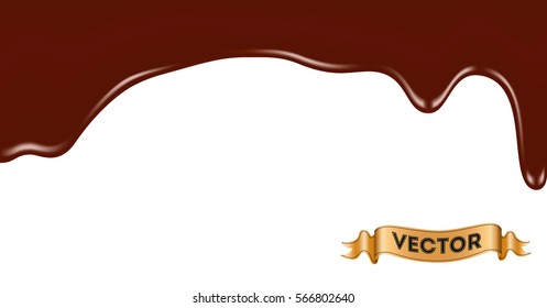 Realistic vector illustration of melted chocolate dripping on white background.