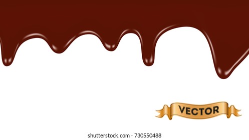 Realistic vector illustration of melted chocolate dripping on white background