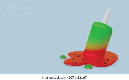 Ilustración vectorial realista de un helado de sandía derretido con semillas sobre un fondo azul claro