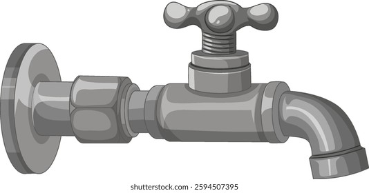 A realistic vector illustration of a metal water faucet, showcasing intricate details and shading in a monochromatic color scheme