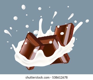 Ilustración vectorial realista de la salpicadura de leche con barra de chocolate