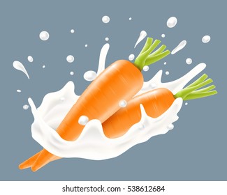Realistic vector vector illustration of milk splash with fresh carrot