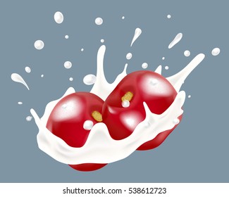 Realistic vector vector illustration of milk splash with cherry