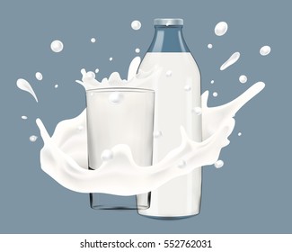 Realistic vector illustration of milk splash with bottle and glass