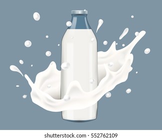 Realistic vector illustration of milk splash with bottle