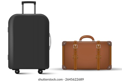 Ilustração vetorial realista de uma mala preta moderna com rodas ao lado de uma mala de couro marrom vintage. Isolado no fundo branco. Conceito de evolução de viagem e contraste de estilo.