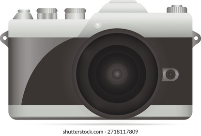 Una Ilustración vectorial realista de una moderna cámara digital sin espejo plateada y negra, fondo aislado. El diseño presenta una estética retro clásica con esferas detalladas, una lente Grande y un acabado metálico. Este elemento gráfico de alta calidad es perfecto para blogs relacionados con la Fotografía, íconos de Sitios web tecnológicos, carteles de aficionados, contenido de redes sociales para fotógrafos y diseños modernos con temática de gadgets.