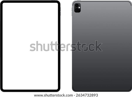 Realistic vector illustration of a modern tablet device, showing front with white screen. Ideal for mockups, tech design and UI presentations. Vector EPS 10	
