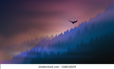 Realistic vector illustration of mountain landscape with forest, deer and eagle