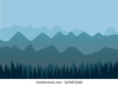Realistic vector illustration of mountain landscape with forest, deer and eagle