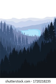 Realistic vector illustration of mountain landscape with hill and forest with coniferous trees, Mountain lake, forest pine trees 
