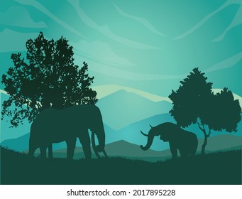 Realistic vector illustration of mountain landscape with forest with wild elephants.landscape illustration.flat design.