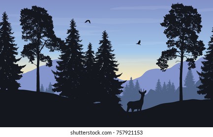 Realistic vector illustration of mountain landscape with forest, deer and eagle