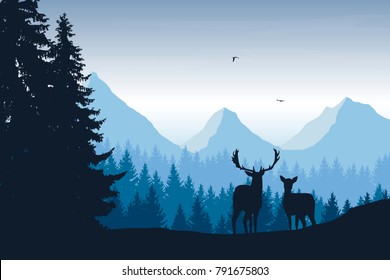 Realistic vector illustration of mountain landscape with forest, deer and eagle