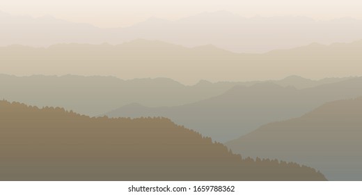 Realistic vector illustration of a mountain range landscape with fog and forests early in the morning or at dusk. Can be used as wallpaper or background.