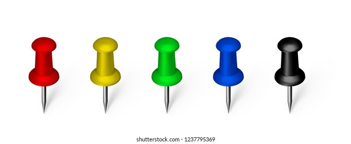 Realistic vector illustration of multicolored pushpins. 3d push pin or office attach buttons collection