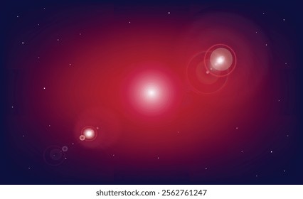 Realistic vector illustration of nebula in cosmos with stars and stardust, and sun with halo and flare on dark sky background, red and white light