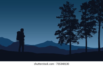 Realistic vector illustration of a night mountain landscape with trees and standing tourist with a backpack, with space for text