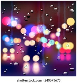 Realistic vector illustration of a night rainy street with bokeh. can be used in your design as a background or a part of the composition. easily editable