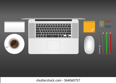 Realistic vector illustration of office objects on grey background