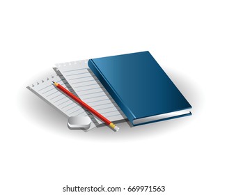 Realistic vector illustration on colorless background with isolated a blue daily planning,pencil,eraser and lined sheet of paper from a notepad