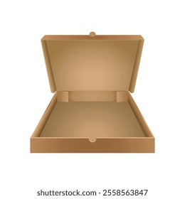 Realistic vector illustration of an open brown corton pizza box with open lid on a white background.Suitable for food delivery and storage.Takeaway concept,eco-friendly packaging.