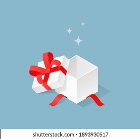 Realistic vector illustration open white gift box with red ribbon bow. Isometric open gift box icon in flat cartoon style. White present box with ribbon bow vector illustration.