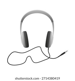 Ilustración vectorial realista de un par de auriculares con cable con un cable de audio, aislado sobre fondo blanco. Equipos de audio modernos para escuchar música, podcasting, radiodifusión. 